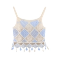 Dettaglio top in maglia all'uncinetto con motivo a rombi blu e nappe decorative - XS / Blu