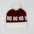 Winter burgundy knit beanie with white pom-pom and festive HO HO HO lettering - Hat Style 49 (Burgundy White)