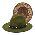 Detail of olive green fedora with pearl studs and leopard print underbrim accent - M (56-58cm) / Army Green