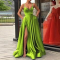 Elegant lime green satin evening gown with thin straps and a high side slit design - US size 12 (L) / Fluorescent Green
