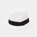 Close-up of fine spiral woven texture on white straw hat with black satin ribbon band - White
