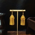 Ethnic style golden bell tassel earrings with leaf pendant on jewelry display stand - E6091-10 Bell Main Vertical Tassel