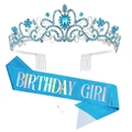 Blue glitter Birthday Girl sash with a silver rhinestone crown and gold safety pin - One Size / Set 11 (Silver Blue Rhinestone Crown + Blue Girl Sash)