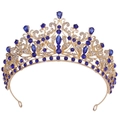 Golden bridal crown with deep blue crystals and teardrop gemstones in baroque royal style - KC Gold Clear and Blue Rhinestone