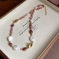 Baroque pearl and pink rose stone bracelet with adjustable golden bead drawstring - Baroque Pearl Rhodonite Necklace