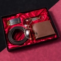 Men's gift set with brown wallet, black belt, sunglasses and keychain in a red gift box - 6-Piece Coffee Set (Wallet + Auto Buckle + Belt + Sunglasses + Keychain + Gift Box)