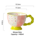 Hand-painted 400ml ceramic mug with pink stripes, green handle and colorful 3D dots - Green Polka Dots
