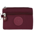 Wine red nylon mini coin purse with double zipper and metal keychain ring - Dark Red