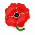 Elegant red poppy flower brooch with golden edges and green stem on white background - Style AL-10 Large