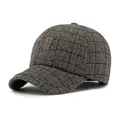 Men's winter wool baseball cap with grey plaid pattern and faux leather patch detail - Adjustable / Dark Khaki
