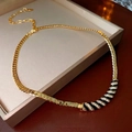 Vintage gold-plated necklace with black and white enamel spiral pendant and crystals - Gold Curved Enamel Style (35#)