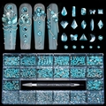 21-grid nail art rhinestones set in diverse blue shapes with picker dotting tool - Lake Blue Diamonds Set