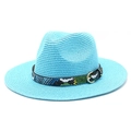 Close-up of bright blue straw sun hat with snakeskin band and gold metal buckle detail - M (56-58cm) / Lake Blue