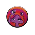 Round metal tin badge featuring a psychedelic purple mushroom pop art illustration - Psychedelic Mushroom Eyes