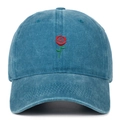Close-up of red rose embroidery on a vintage washed blue cotton baseball cap - Lake Blue