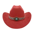 Detail of red cowboy hat featuring ethnic woven band and turquoise decorative buckle - One Size / Oval Blue Stone Decoration / Rust red