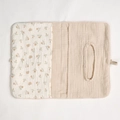 Close-up of baby cotton crib organizer bag featuring floral pattern and muslin fabric texture - Korean Floral + Solid Color