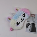 Detail of plush unicorn sleep mask with colorful faux fur and silver horn embroidery - Little Girl