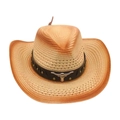 Western cowboy straw hat with brown gradient weave and vintage silver bull head ornament - One Size / Off-white 1 (Black Leather Bull Head)