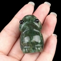 Cute dark green natural agate stone frog carving held in palm, smooth polished finish - India Agate