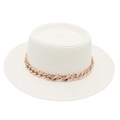 Close-up of white woven boater hat featuring a decorative thick gold chain link - One Size / White (with Acrylic Chain Decor)