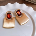 Brushed gold geometric earrings with rectangular dark red faceted gemstone insets - Rectangular Brushed Rhinestone Style (28#)