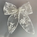 Elegant white lace bow hair clip with intricate floral embroidery and mesh texture - Beige Hair Clip