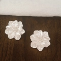 Elegant pearl white resin flower stud earrings with shimmering pearl centers on wood - No.65 Pearlescent White Layered Flower (Y0082)