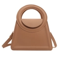 Brown trapezoid handbag with large circular handle and adjustable shoulder strap - Khaki