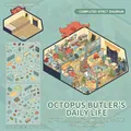 Octopus Butler daily theme 3D DIY stickers set with mint green isometric indoor scene - Octopus Butler (Home Theater)