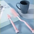 Roze siliconen babyflessenborstelset met 360 graden draaibare handgrepen en beertje - 2-delige set / Roze