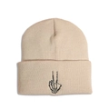 Detailed close-up of ribbed knit beanie with black skeletal peace hand embroidery - M (56-58cm) / Beige