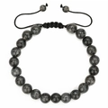 Macro detail of 8mm grey labradorite beads with black adjustable braided rope on bracelet - Gray Black Labradorite (Style 02)
