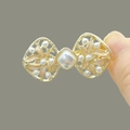 Vintage style golden alloy hair clip with pink petals and a square white pearl centerpiece - F1535 Bow-Pink