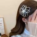 White pearl hair clip in flower shape with fabric rose on long brunette hair - 50# Duckbill Clip - White Pearl Fabric Rose Short Style