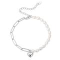 S925 sterling silver paperclip chain bracelet with baroque pearls and a heart charm - Silver Heart Pearl Patchwork (GPB17-P)