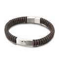 Men's leather woven bracelet with stainless steel hexagram star charm in silver tone - Steel Silver (KB146423-KLHQ)