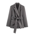 Elegant grey women's blazer with shoulder pads and waist belt for professional style - XS / Blazers