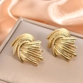 Elegant 18K gold plated feather earrings with metallic texture on luxury jewelry box - Feather Texture Gold Earrings / 925 Silver Needle