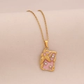 Detalle del colgante de esmalte rosa con lazo dorado y cristales en cadena de oro - Estilo cuadrado rosa (3#粉色)