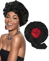 Black satin sleep bonnet with red lining and large decorative bow on elastic wide band - Large / Black + Rose Red