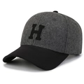 Detail of grey wool texture baseball cap with black curved brim and H embroidery - Gray Crown Black Brim