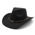 Detail of black wool felt cowboy hat featuring leopard print band with star rivets - M (56-58cm) / Black