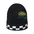 Bonnet en tricot noir avec broderie fleur jaune et bord à motif damier chic - M (56-58cm) / Style Tournesol et Damier (E)