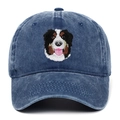 Close-up of Bernese Mountain Dog embroidery on vintage washed denim baseball cap - Navy Blue