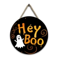 Detail of round wooden Halloween sign with orange Hey Boo text and ghost motif - Style I-Hey Boo and Orange Text Ghost