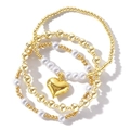 Three-piece gold beaded bracelet set with white pearls and a golden heart charm pendant - Heart Pendant Gold Beads and Artificial Pearls (JS-S24032901A)