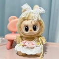Labubu doll in brown plush suit with white lace bow and floral cotton skirt - Rabbit Head Cherry Skirt / First And Second Generation Keychains Are Compatible With La Cloth Dolls. Dolls Not Included.