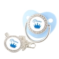 Detail of blue Prince baby pacifier set with sparkling rhinestones and crown motif - Blue Prince (Silver Chain) (19)
