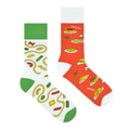 Creative asymmetric pasta cartoon socks for couples in mismatching red and white colors - Colorful Pasta